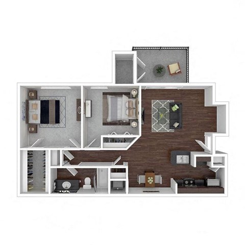 Floor plan for 2 beds, 1 bath, 788 sqft